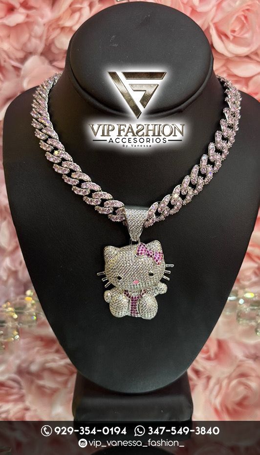 Cadena Cubana Premium con Dije Exclusivo “Kitty Pink” – Baño en Rodio y Circonias AAA