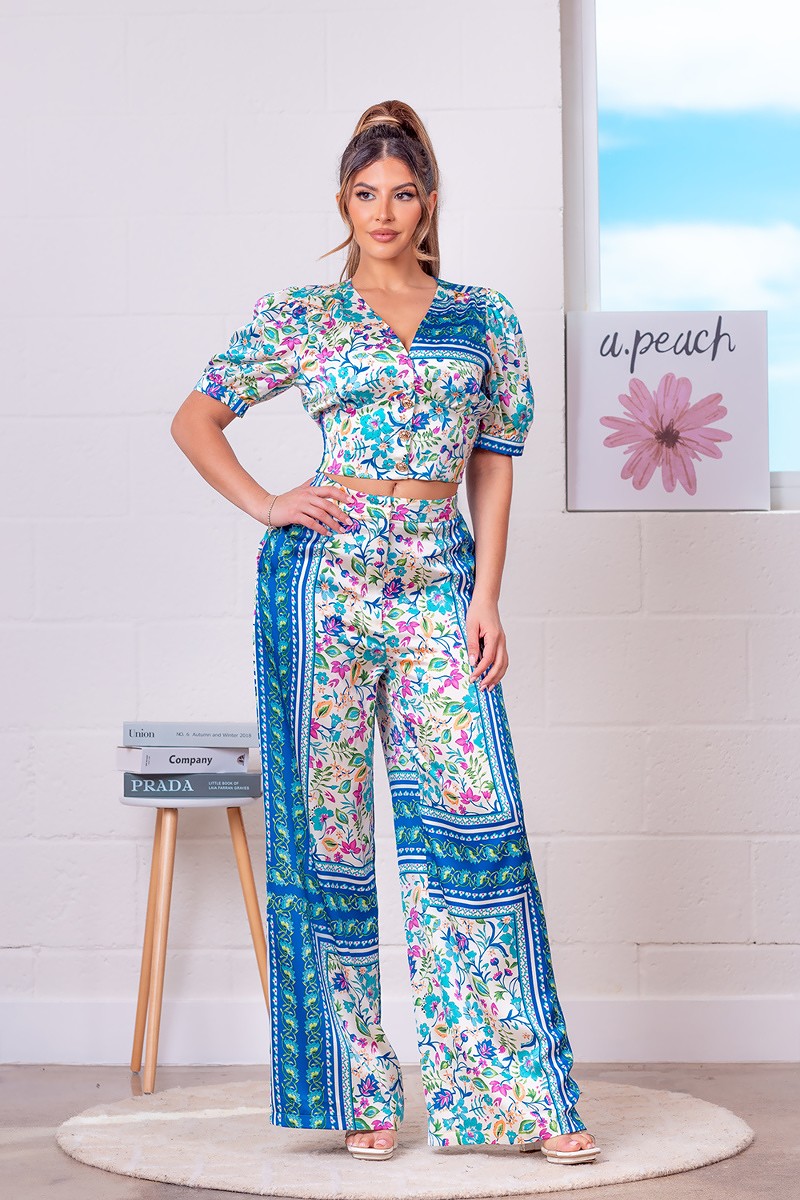 Satin Floral Crop Top and Pants Set