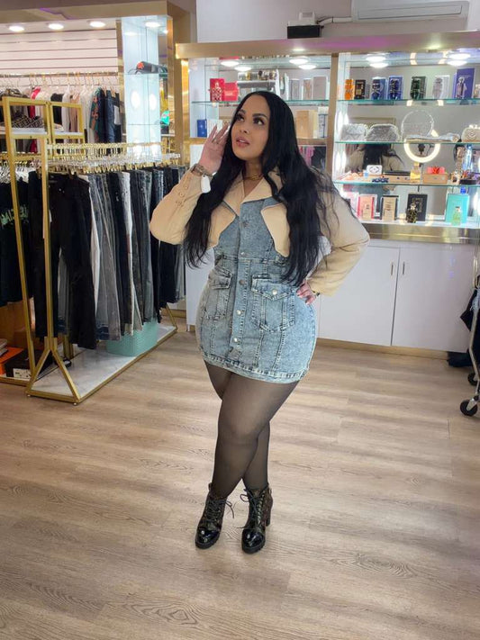 stretchy denim dress with blazer