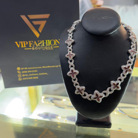Collar Mariposa De Cristal Brass & Circonia Premium Red/ Silver